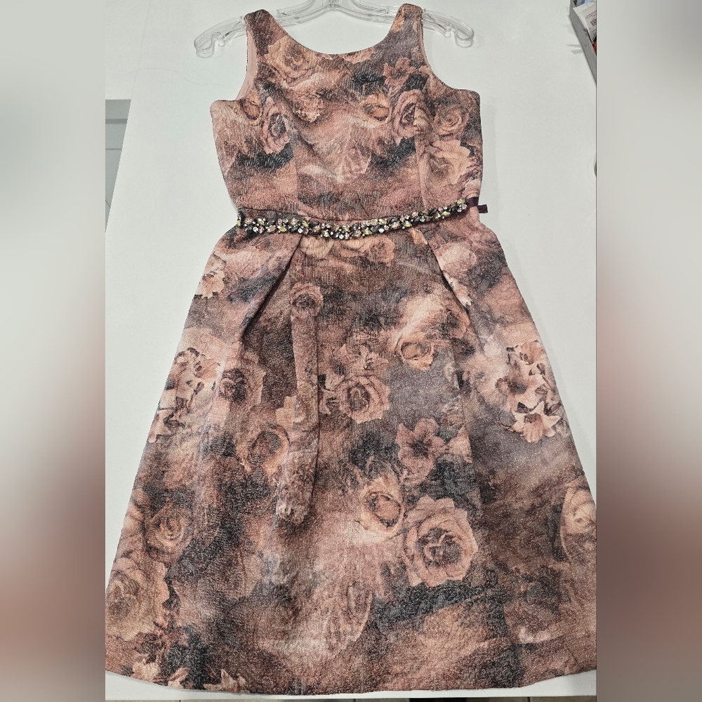 Badgley Mischka Brown Floral Metallic Print Fit& Flare Dress Beaded Belt, 0 NWT